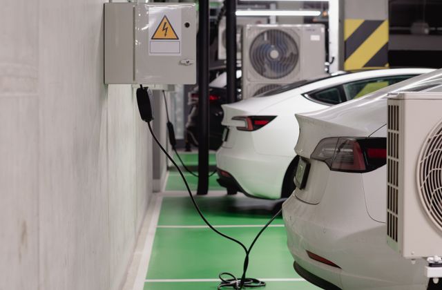 Flotte de voitures électriques en recharge sur le parking d'une entreprise